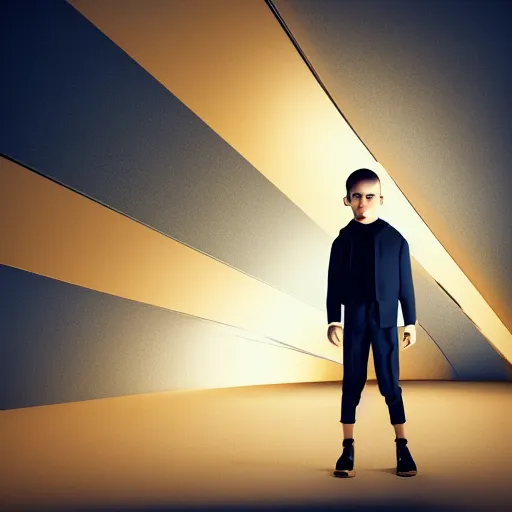 Image similar to boy in innovative avant-garde art, deco fashion, minimalistic theme, highly detailed, photorealistic portrait, golden hour, crisp quality and light reflections, unreal engine 5 quality render