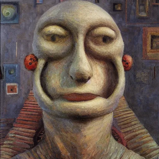 Image similar to a detailed, impasto painting by shaun tan and louise bourgeois of an abstract forgotten sculpture by ivan seal and the caretaker 1 8 9 9