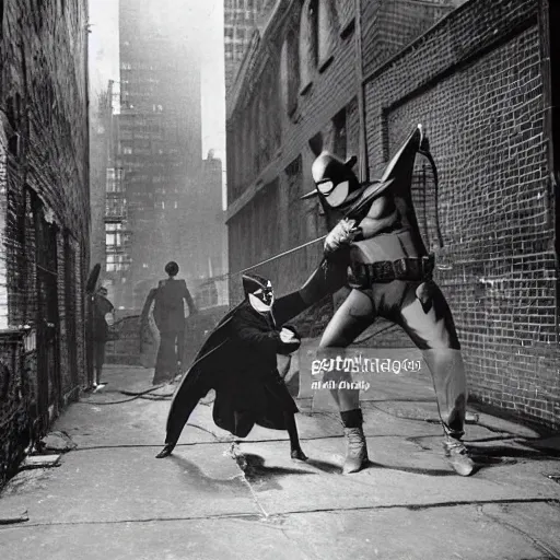 Image similar to old black and white photo, 1 9 2 5, depicting batman fighting a al capone in an alley of new york city, rule of thirds, historical record