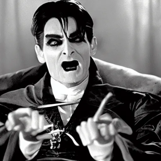 Image similar to charlie sheen as dracula in the 1 9 2 2 film, black and white