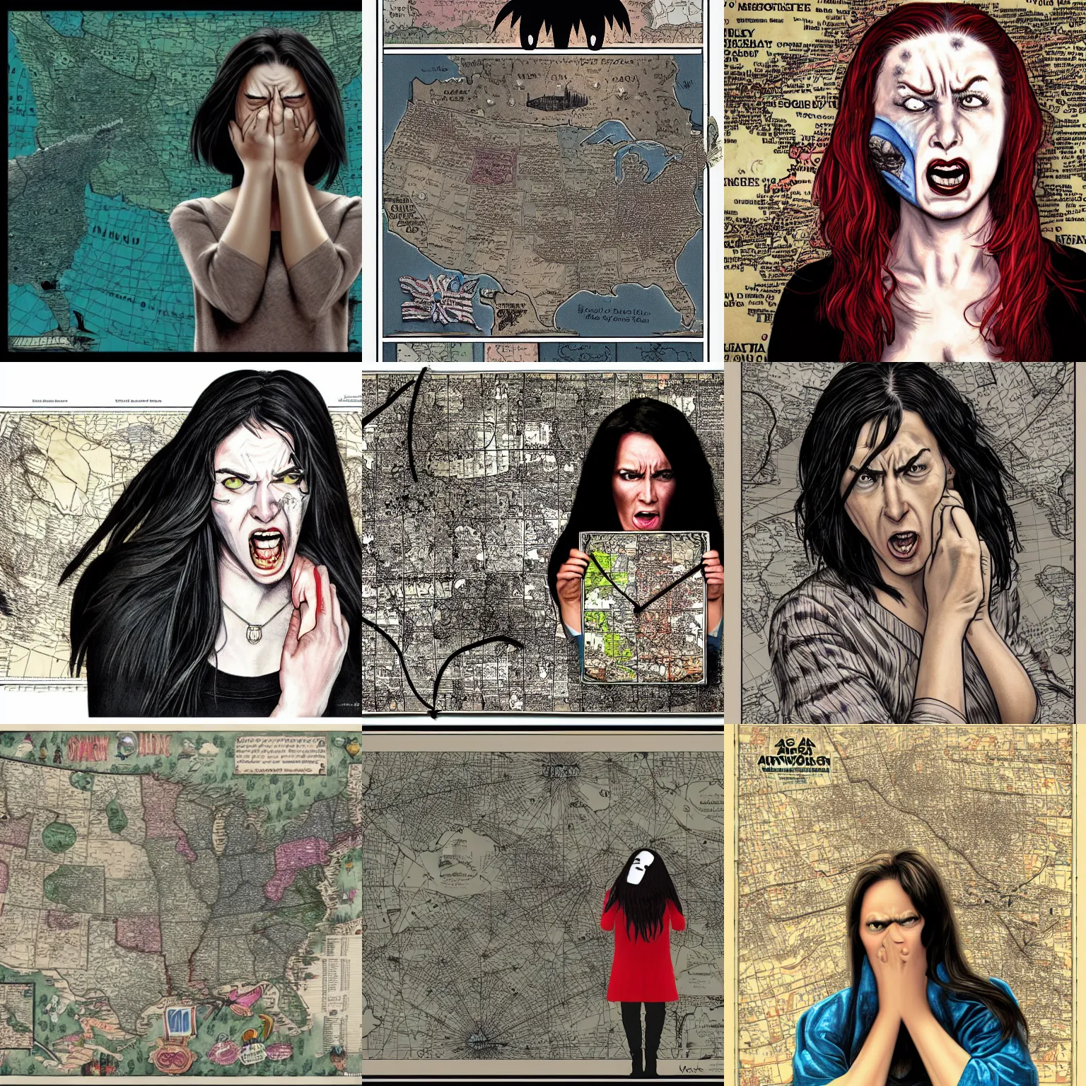 Prompt: an angry woman and an a sad map. by mark brooks