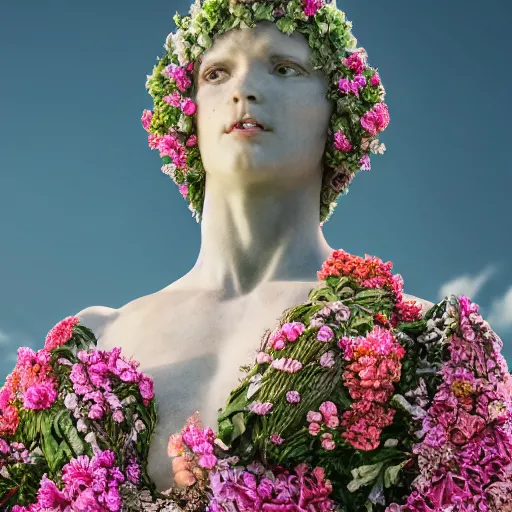 Image similar to a marble statue covered in flowers, full frame, cinematic light, 8k, unreal engine,