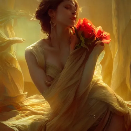 Image similar to a Rose lying on silk cloth, fog, volumetric lighting, intricate, elegant, highly detailed, digital painting, artstation, concept art, smooth, sharp focus, illustration, art by artgerm and greg rutkowski and alphonse mucha