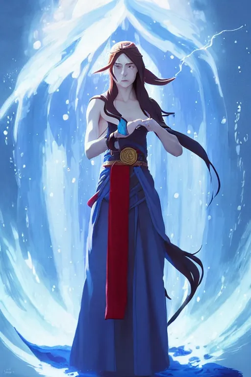 Image similar to elf female sorcerer doing water magic spells, blue robes, red hair, finely detailed perfect face, exquisite details, mid view, design on a white background, by studio muti, greg rutkowski makoto shinkai takashi takeuchi studio ghibli