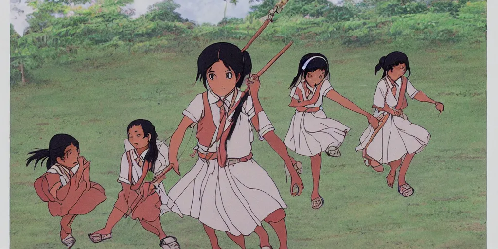 Image similar to sri lankan school girl, drawn by hayao miyazaki, rule of thirds