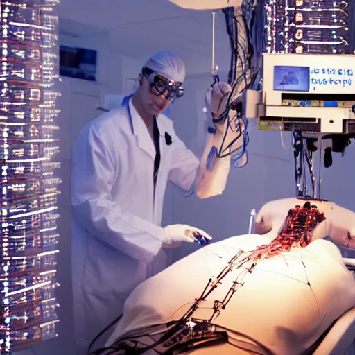 Prompt: long shot portrait of a human flat on back during robotic surgery, artificially embellished with computer circuitry, wires, and devices, small displays with vital readings and graphs crowd the operating room, semi - opaque skin, piercing glare in the eyes, confused, dark bokeh in background, light from top right, diverse textures