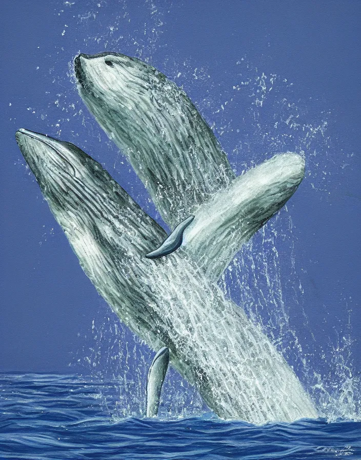 Image similar to high detail painting of a humback whale jumping out of water