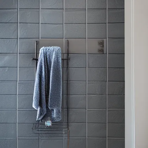 Image similar to a single bathrobe belt on a metal towel rack, tile wall