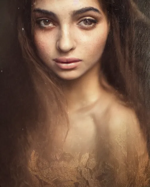 Prompt: a highly realistic, true to life portrait of a beautiful young middle eastern girl, soft focus, from the waist up, with sharp features, a beautiful face, soft smile, under studio lighting, taken with a canon eos camera with 1 3 5 mm focal length by karol bak, james jean, tom bagshaw, rococo, sharp focus, trending on artstation,