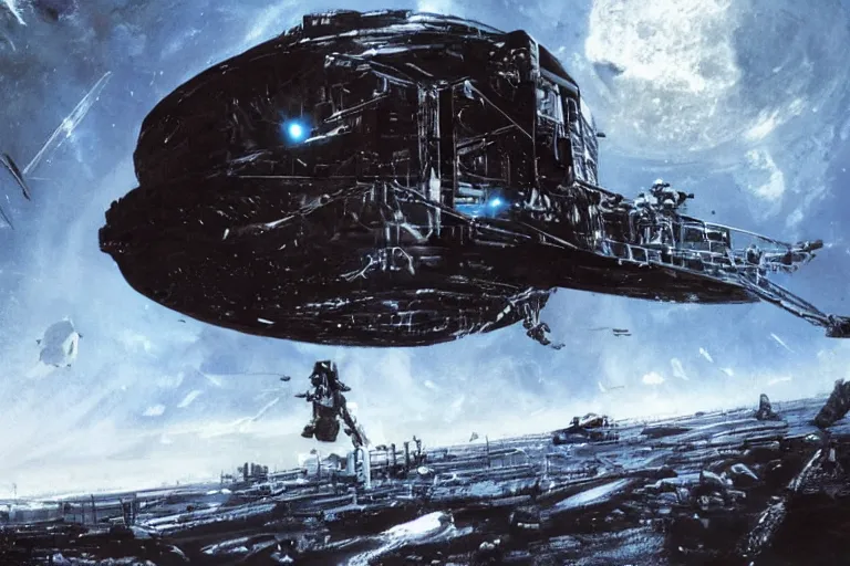 Image similar to an black alien spaceship taking off from the moon, earth in the background, cinematic, shadows, 4 k, detailed, by john berkey!!!!!! and peter jackson and ridley scott and beeple!!! and greg rutowski