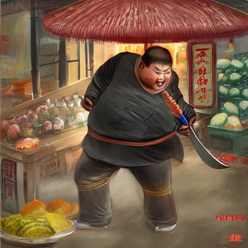 Image similar to a chinese fat guy being stabbed by a long blade in a melon stall.digital art,trending on artstation.