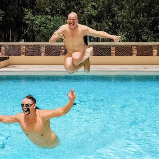 Image similar to a man in a speedo is jumping into an outdoor pool filled to the brim with lemons. photo.
