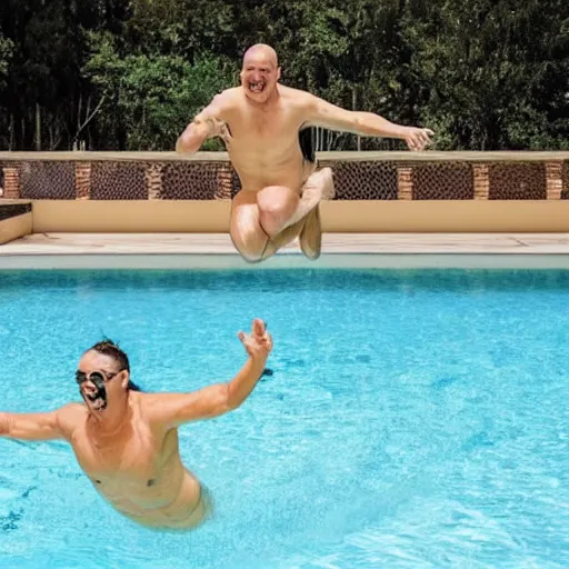 Prompt: a man in a speedo is jumping into an outdoor pool filled to the brim with lemons. photo.