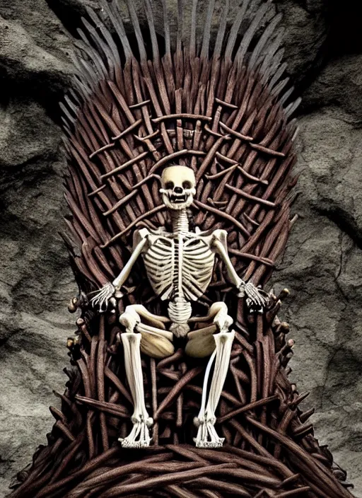 Image similar to hyper realistic photography of intricate horrific alien bone skeleton god sitting on iron throne in a rocky cave detailed, artstation, cgsociety