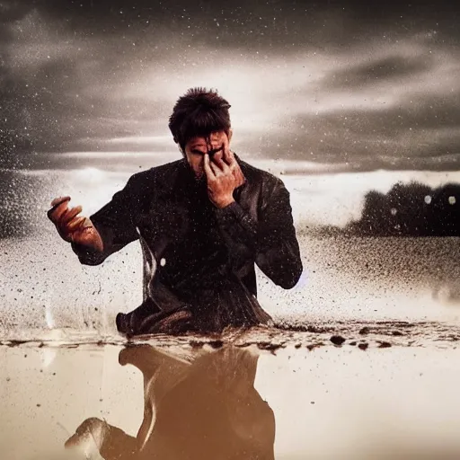 Image similar to angry man throwing his phone into a river, dslr, 8 k, octane beautifully detailed render, sad mood, cinematic lighting, detailed photo, masterpiece, volumetric lighting, ultra realistic, highly detailed, high quality, lossless, photorealistic