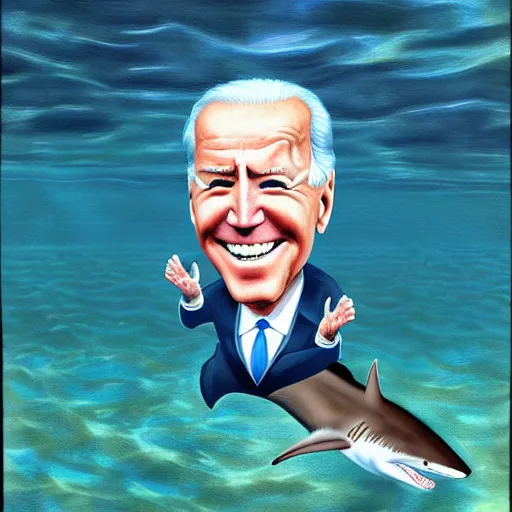 Prompt: joe biden sharkman swimming underwater, shark - human face, impressionism, fake photograph, caricature