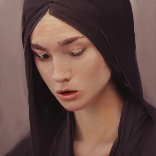 Prompt: An oil painting of a girl dressed in priest robes, 23 years old, (chad jaw line), long black hair, sharp facial features, beautiful, highly detailed, by Cédric Peyravernay, trending on artstation