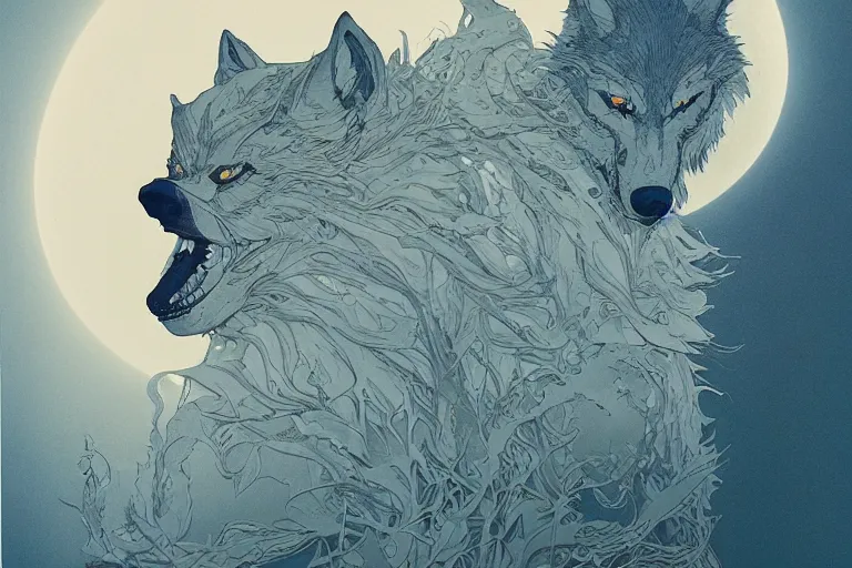 Prompt: werewolf portrait, balenciag intricate complexity. matte paper, cut paper texture. by Jeffrey Catherine Jones, James jean, Miho Hirano, Hayao Miyazaki, coarse gritby. Full of light-blue and silver and white layers. Exquisite detail 8K