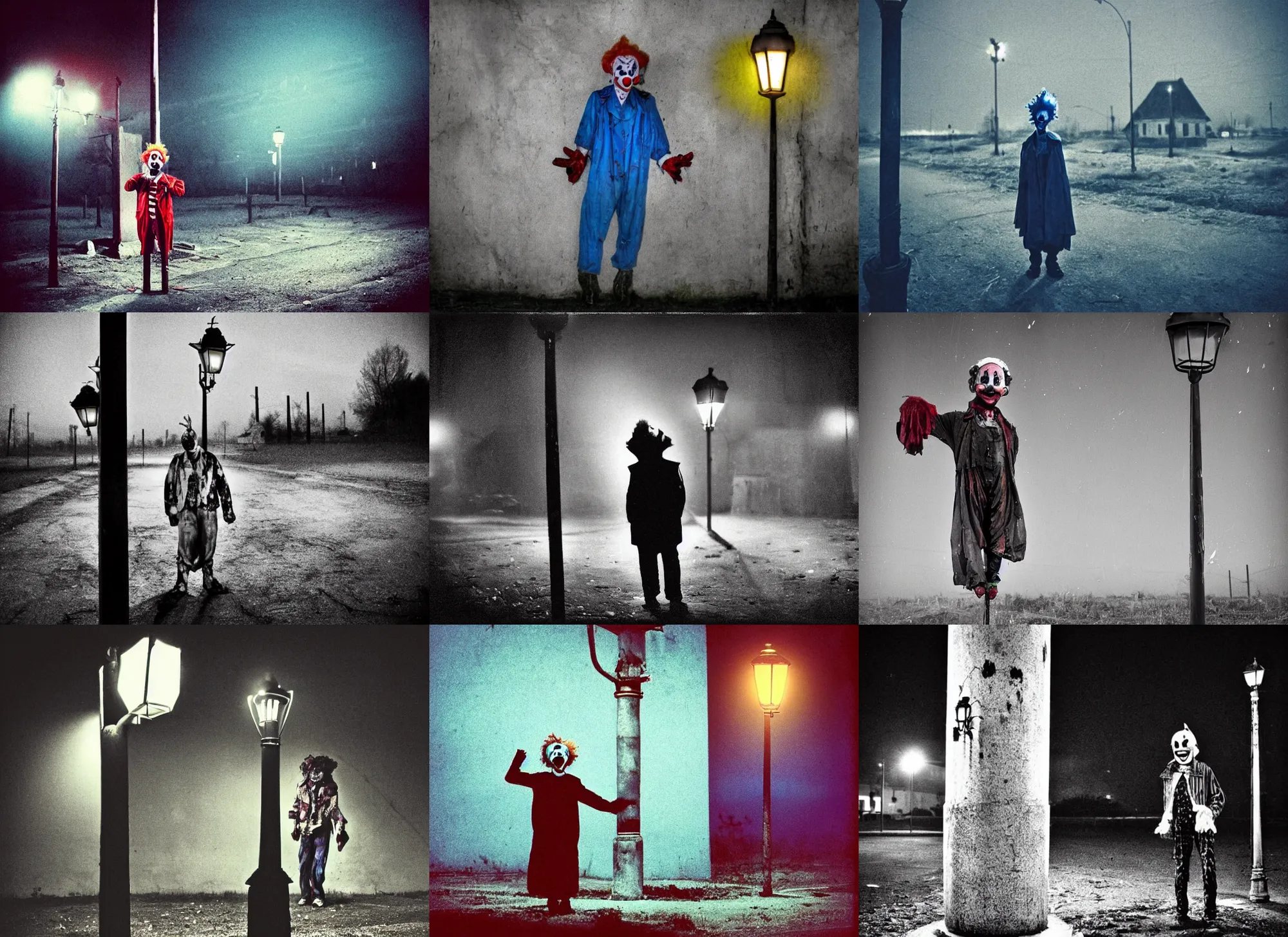 Image similar to a thin scary clown in torn clothes stands under a lamppost that shines a blue light on the clown, pitch darkness around the post, everything happens at night in an old Soviet village, the photo was taken from afar, Colourful, Cinematic, filmic, 35mm, dark atmosphere, horror, scary, Wildlife photography, Polaroid, bad quality, distorted, Night, dark