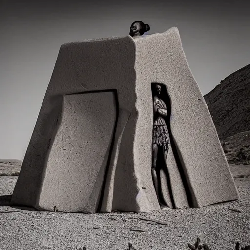 Prompt: a beautiful bizarre monument in desert by ruben kos