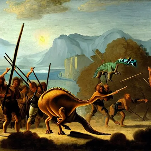 Prompt: A painting of a dinosaur fighting with several cavemen armed with spears, coarse canvas, visible brushstrokes, intricate, extremely detailed painting by Jan van Goyen