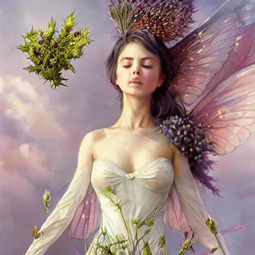 Prompt: a beautiful fairytale painting of a cute thistle seed fairy, a fairy made out of a thistle seed. the thistle seed is her body. dreamy beautiful painting by artgerm and greg rutkowski and magali villanueve