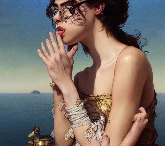 Image similar to photography dualipa with hands - up and hairy armpits, deep focus, intricate, elegant, highly detailed, digital painting, artstation, concept art, matte, sharp focus, illustration, art by artgerm and greg rutkowski and alphonse mucha and gil elvgren