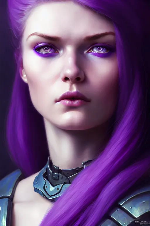 Image similar to alexey gurylev, close up portrait, pale woman in power armor with purple hair, mysterious, deep focus, d & d, fantasy, complex, elegant, highly detailed, digital painting, artstation, concept art, matte, clear focus, illustration, hearthstone, artgerm art, greg rutkovsky and alphonse mucha