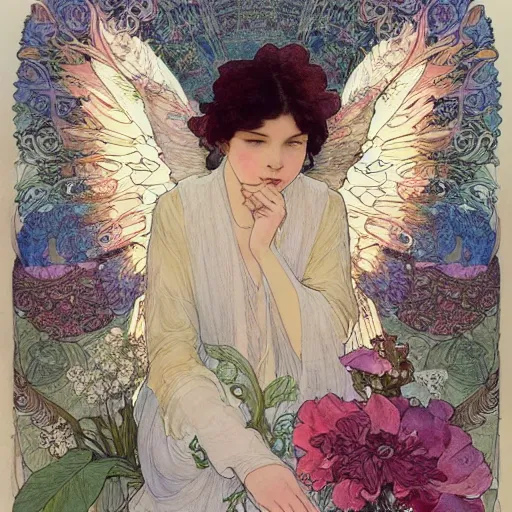 Image similar to a beautiful intricate watercolor illustration of a beautifull angel sitting on a throne of flowers, leaves, 4 k, ultra - wide angle, by william turner, by victo ngai, by alphonse mucha, by moebius, by gustave dore, hd, trending on artstation, hyper detailed, muted intense colors