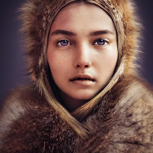 Image similar to portrait of a stunningly beautiful siberian tribal female, depth of field, zeiss lens, detailed, symmetrical, centered, fashion photoshoot, by Annie Leibovitz and Steve McCurry, David Lazar, Jimmy Nelsson, Breathtaking, 8k resolution, extremely detailed, beautiful, establishing shot, artistic, hyperrealistic, beautiful face, octane render