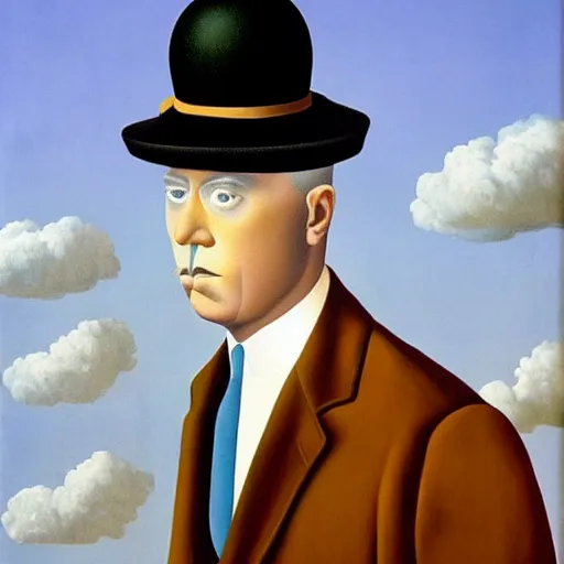 Prompt: a rene magritte painting of a dog wearing a hat, award winning painting, detailed, surreal, symmetrical, clean, smooth, aesthetic