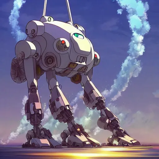 Image similar to a beautiful movie still in the style of Studio Ghibli anime showing a chrome mecha flying through a post-apocalyptic Singapore overrun with vegitation. Studio Ghibli, trending on artstation, trending on behance