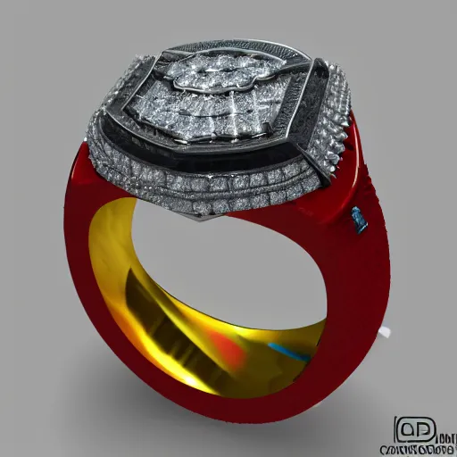 Image similar to SL Benfica championship ring, diamonds, rubys, smooth lighthing, ultradetailed, 4k, trending on artstation, devianart and cgsociety, concept art