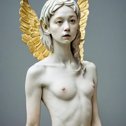 Image similar to a statue made of very white marble with gold elements, of an beautiful angel girl with an sword, perfect symmetrical body, perfect symmetrical face, no eyes, hyper realistic, hyper detailed, fujicolor superia 1 6 0 0 photo, full body shot, by peter kemp, by monia merlo