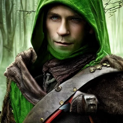 Prompt: a clean shaven rugged warrior hobbit in leather armor with very short hair and a dark green cloak and dark green hood hiking through the forest with his pet dark red dragon, trending on artstation, realistic, detailed, by Tony Sart