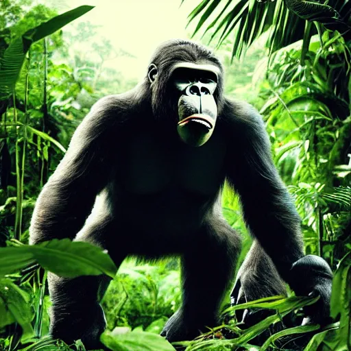 Image similar to UHD candid photo of King Kong playing drums in the jungle, with accurate face, UHD, photorealistic, correct face, real drum set, photo by Annie Leibowitz