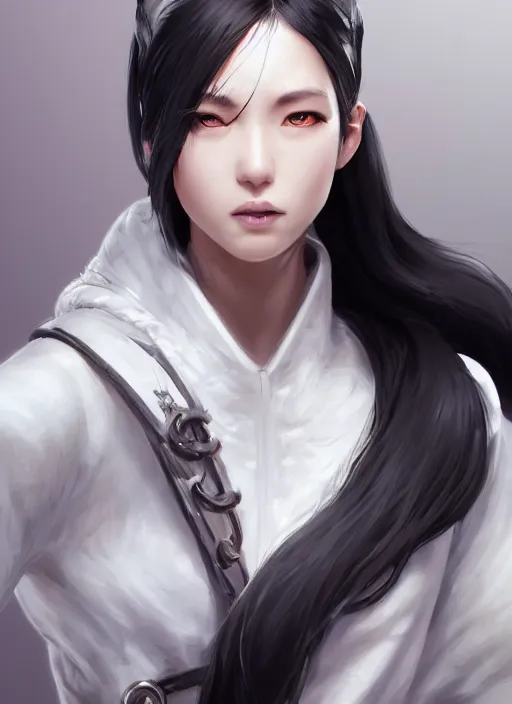 Image similar to a highly detailed illustration of fierce tall amazon messy ponytail black haired one armed delinquent japanese woman wearing white cap wearing long white jacket with cape, muscular, intricate, elegant, highly detailed, centered, digital painting, artstation, concept art, smooth, sharp focus, league of legends concept art, wlop.