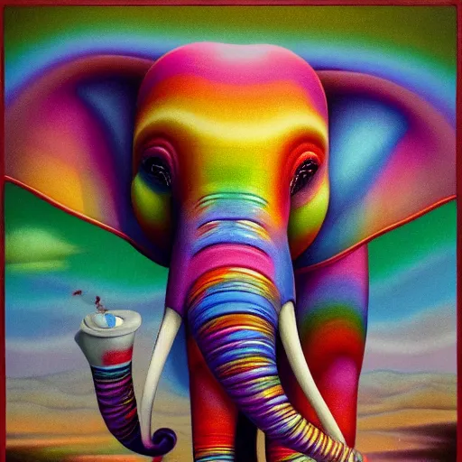 Image similar to a surreal picture of a rainbow - coloured elephant by mark ryden insanely quality, elegant, highly detailed, digital painting, artstation, concept art, pop, smooth, sharp focus, illustration, art by mark ryden and lisa frank and dali 3 d 8 k ultra detailed