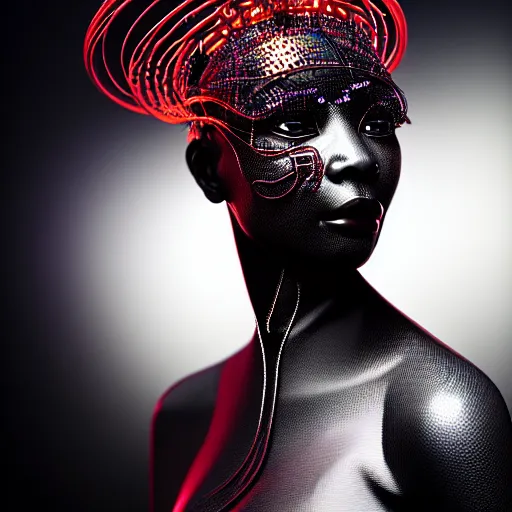 Image similar to portrait of an absurdly beautiful, graceful, sophisticated, fashionable black cyberpunk mechanoid gravure idol, hyperdetailed illustration by irakli nadar, adut akech, matt wisniewski style, intricate linework, dark black porcelain skin, jellyfish headdress, unreal engine 5 highly rendered, global illumination, red light, detailed and intricate environment