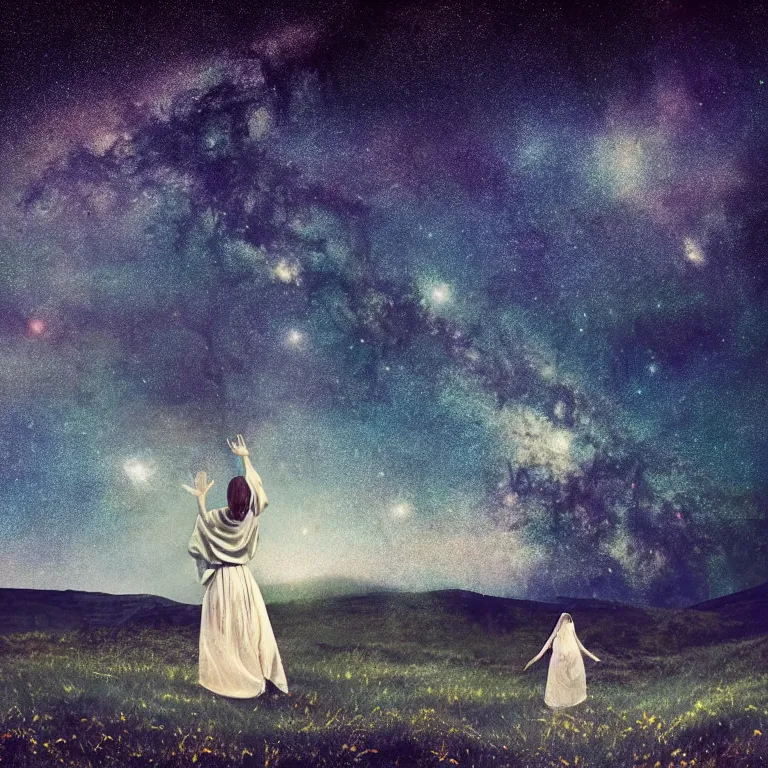 Image similar to album cover!, with text'kosmichna vystava ', a beautiful landscape of a starry sky with an beautiful woman waving to the horizon, cinematic, dramatic, photojournalism, highly detailed