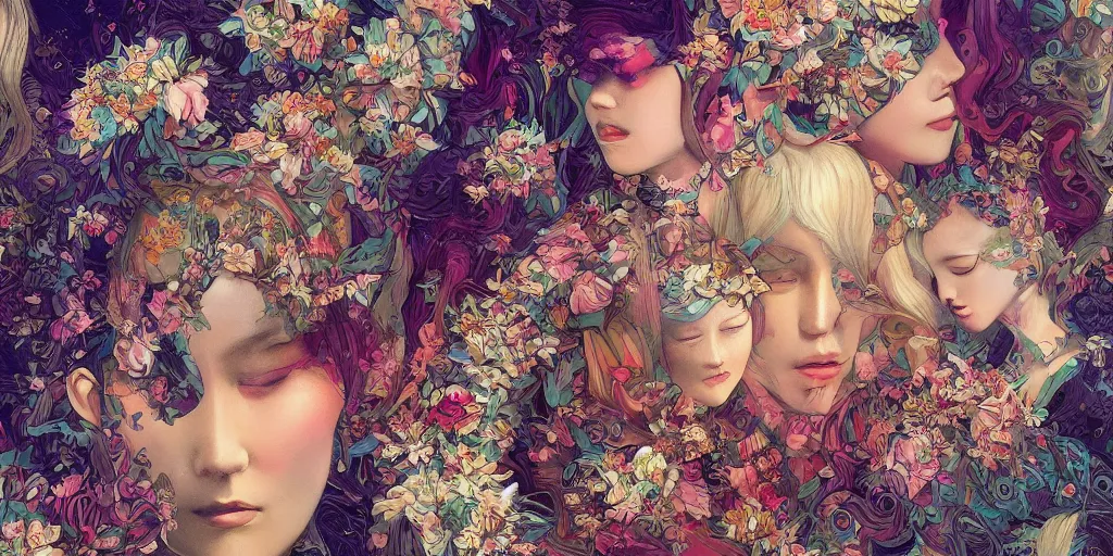 Image similar to breathtaking detailed concept art painting kaleidoscope art deco pattern of blonde faces goddesses amalgamation flowers, by hsiao - ron cheng, bizarre compositions, exquisite detail, extremely moody lighting, 8 k