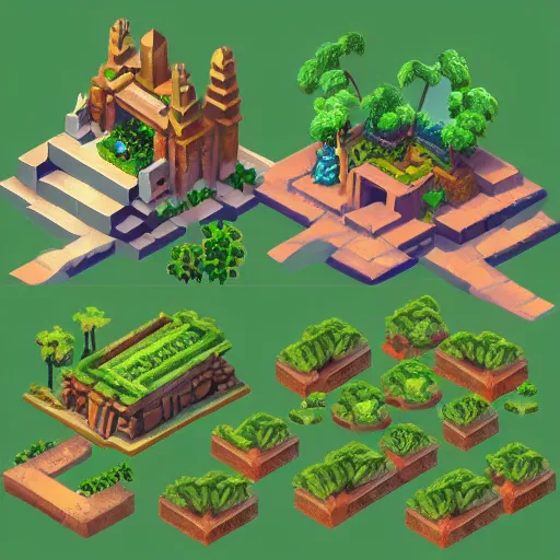 Prompt: isometric asset pack for a jungle temple, by Martin Grip and Moebius