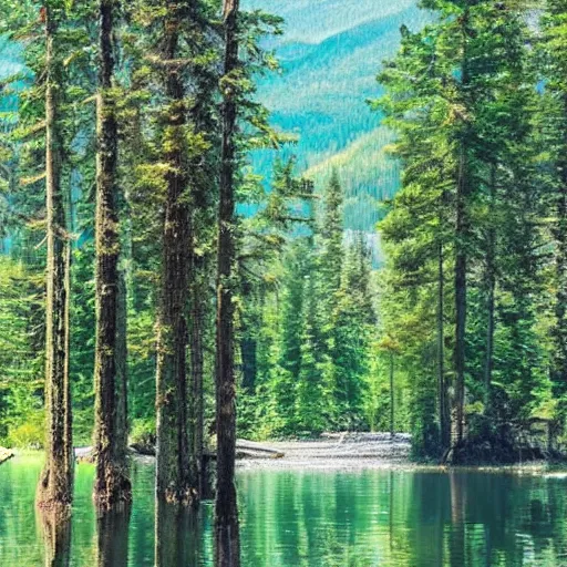 Image similar to beautiful lake in the forest. the mountains on background. summer, shiny weather. hermann nitsch