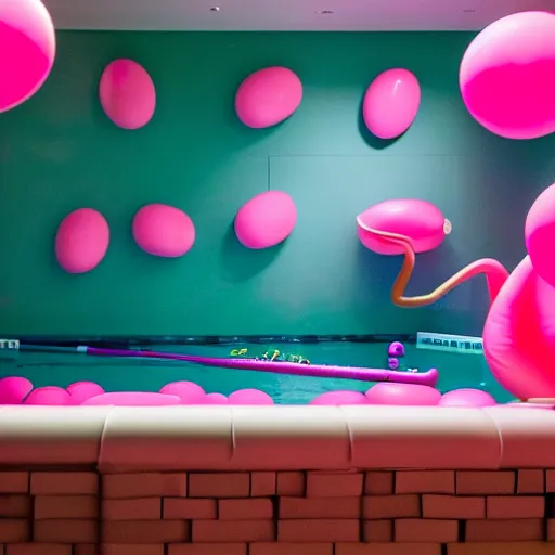 Image similar to dark poolroom liminal space with pink flamingo floaties, liminal photography, bad lighting,