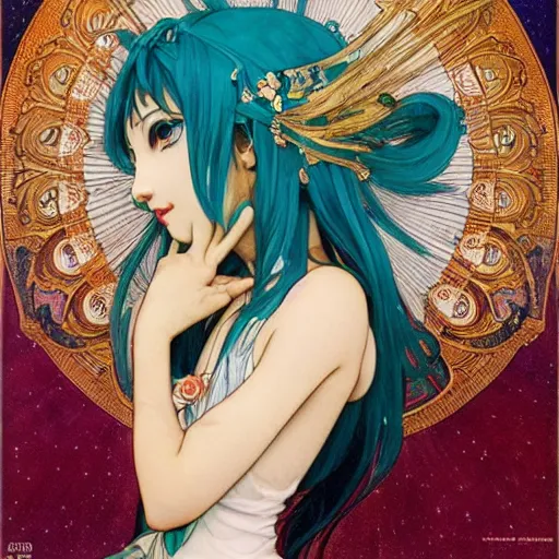 Image similar to Une superbe!! Hatsune Miku, sous la pleine lune,, par Manara et Ryan JiaAlphonse Mucha et Steve McCurry. Très détaillé, peinture à l'huile