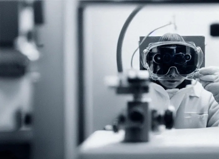 Prompt: film still of a hamster wearing goggles working in a research lab using a tiny microscope, 8 k