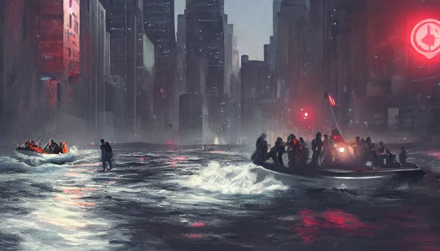 Image similar to lifeboat rescuing people while crossing new york streets after tsunami at night, hyperdetailed, artstation, cgsociety, 8 k