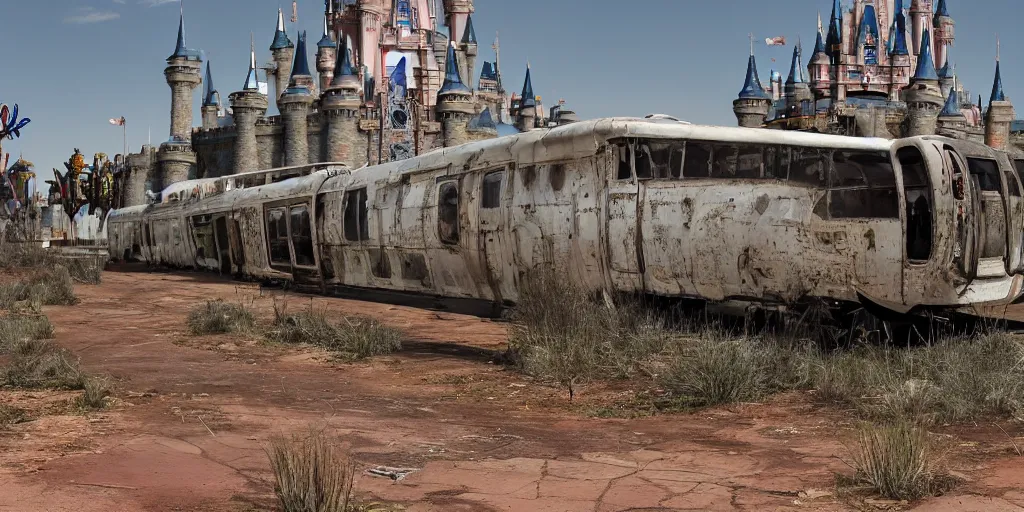 Image similar to post - apocalyptic magic kingdom, wasteland, barren, monorail, abandoned, walt disney world, highly detailed, intricate, 8 k