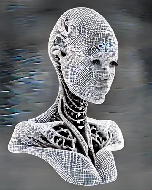 Image similar to a black and white 3D render of a young beautiful female queen-dragon-cyborg bust with a very long neck and Mandelbrot fractal face, Mandelbrot fractal skin, flesh, anatomical, facial muscles, veins, arteries, elegant, highly detailed, flesh highly baroque ornate, hair are cable wires, elegant, high fashion, rim light, octane render, in the style of H.R. Giger, Realistic, Refined, Digital Art, Highly Detailed, Cinematic Lighting, rim light, black and white, photo-realistic, 8K