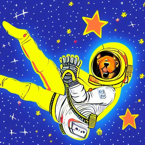 Prompt: illustrated scene of a golden retriever in a space suit doing a space walk, cheerful colors, vibrant